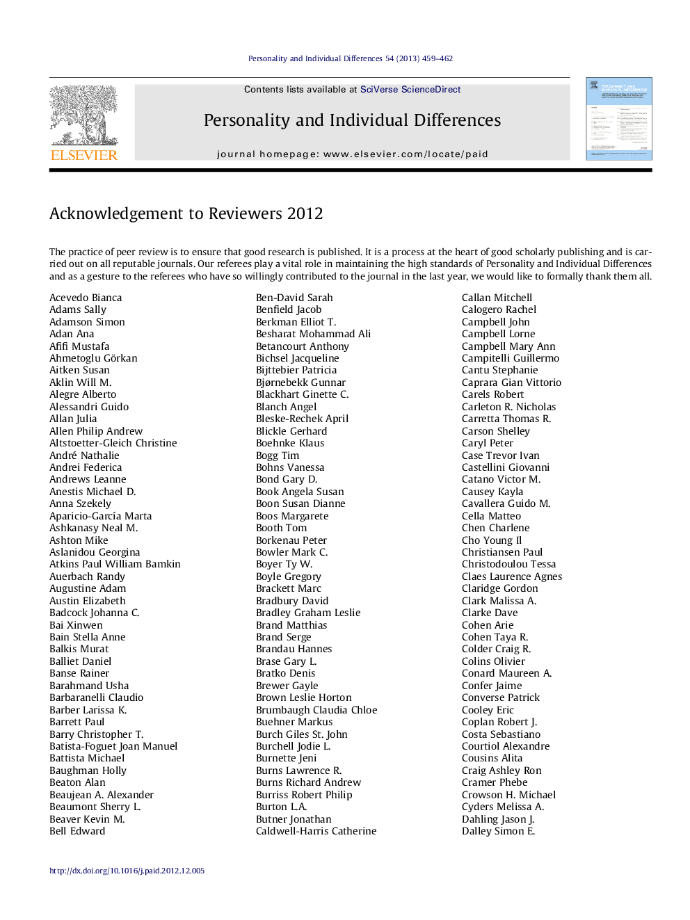 Acknowledgement to Reviewers 2012
