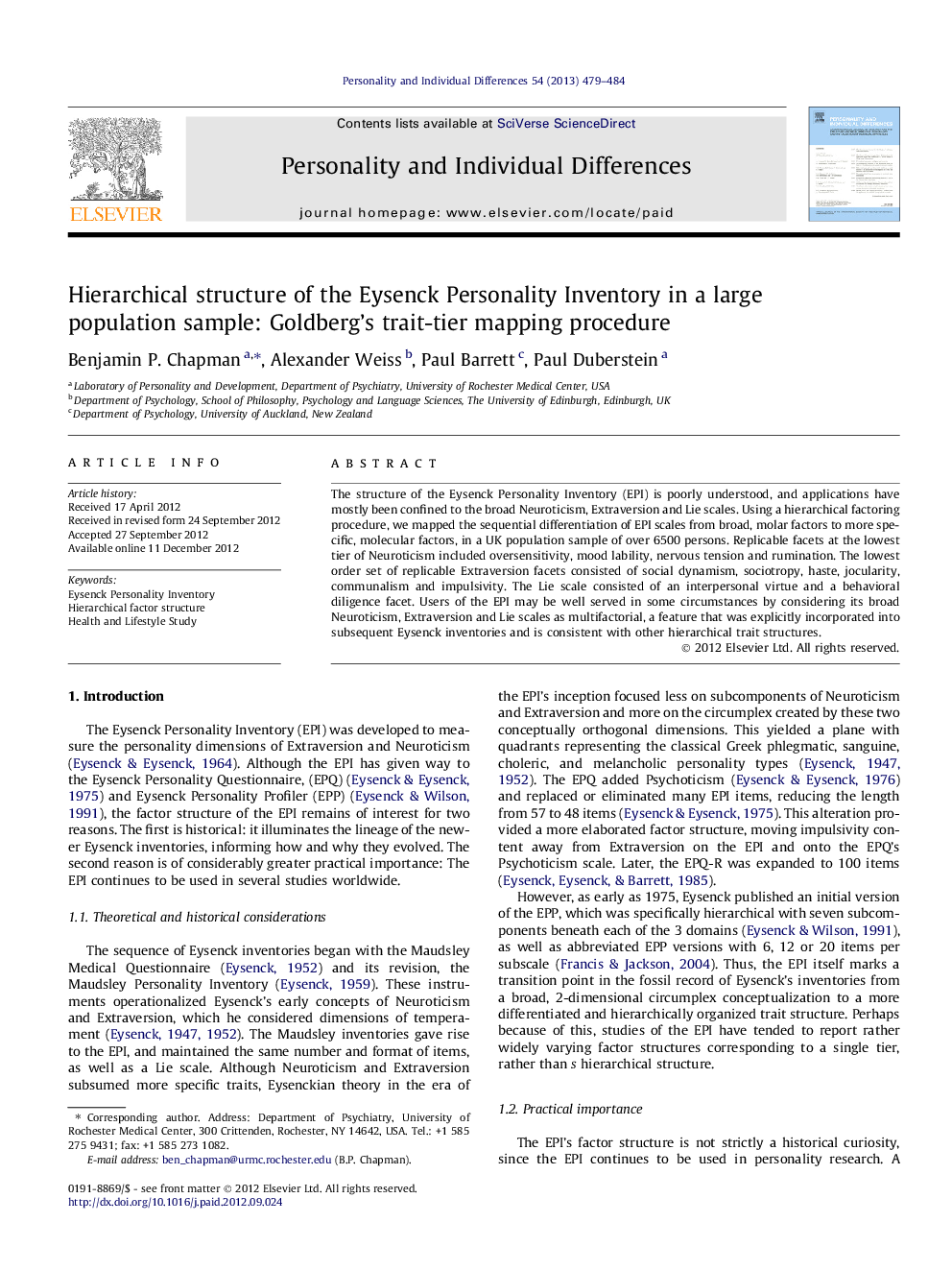 Hierarchical structure of the Eysenck Personality Inventory in a large population sample: Goldberg's trait-tier mapping procedure