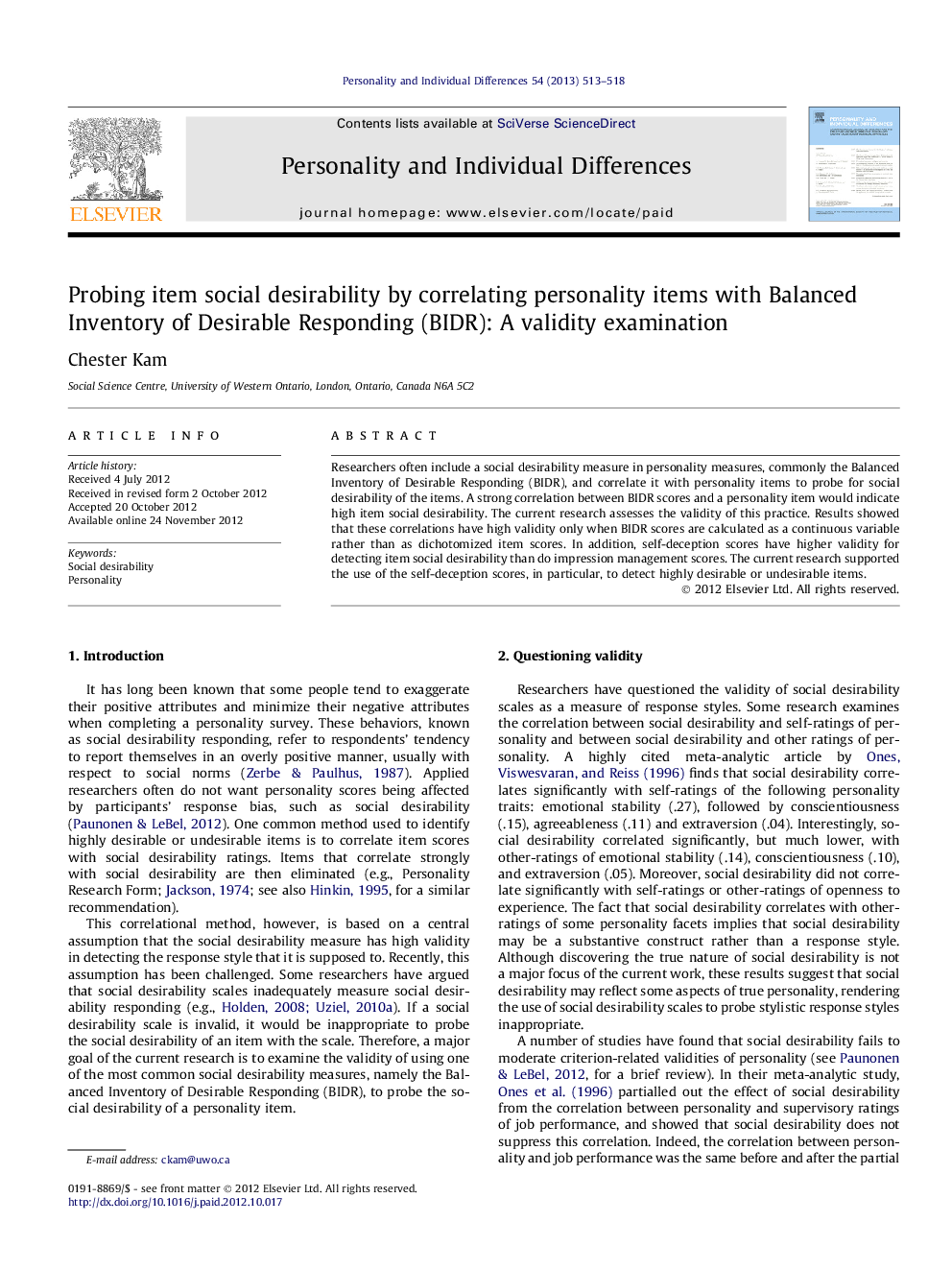 Probing item social desirability by correlating personality items with Balanced Inventory of Desirable Responding (BIDR): A validity examination