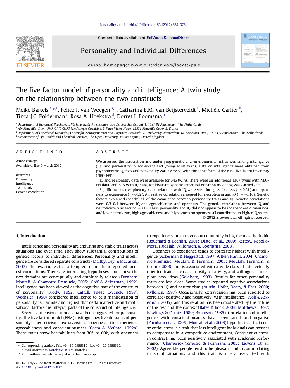 The five factor model of personality and intelligence: A twin study on the relationship between the two constructs