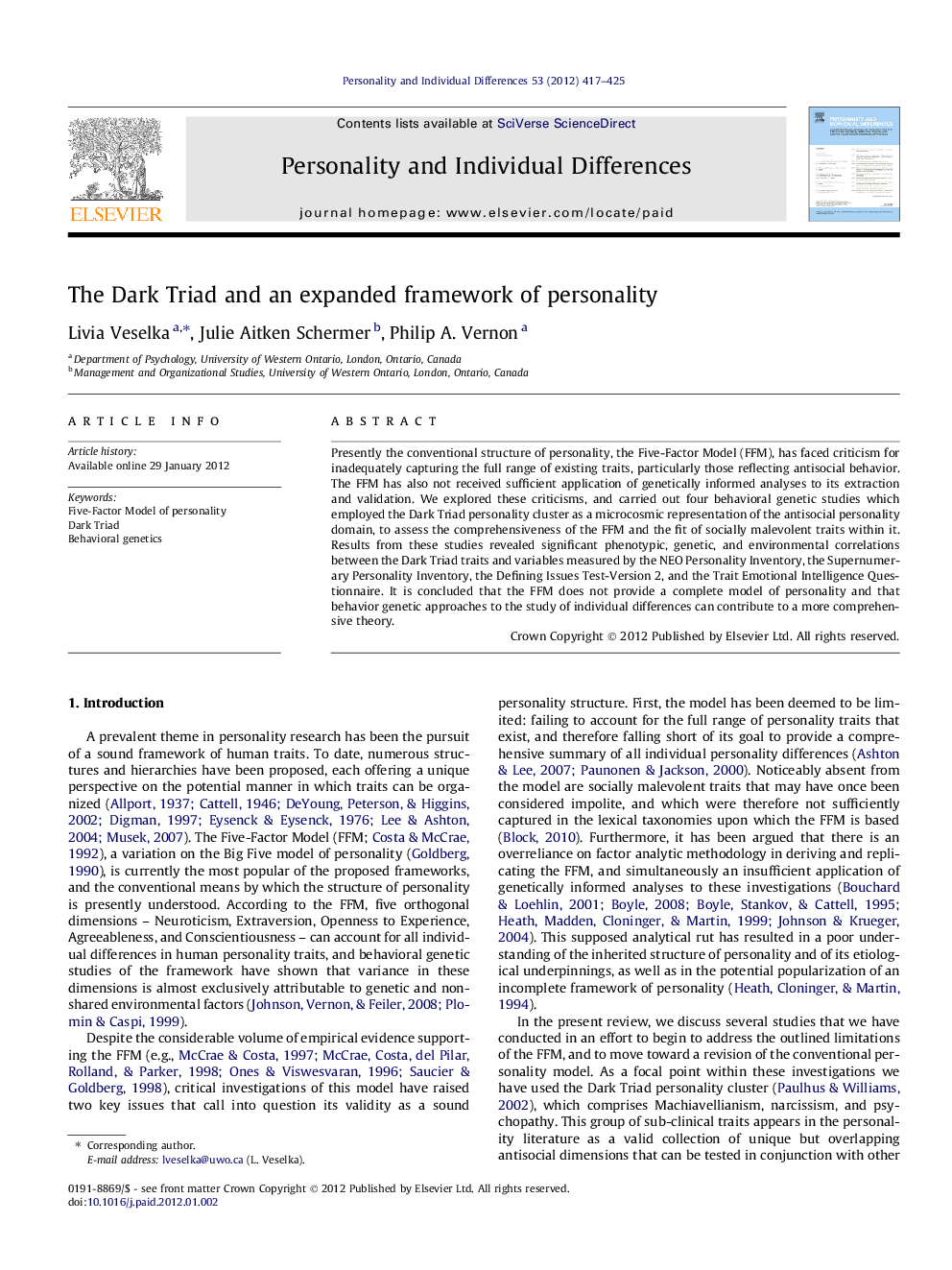 The Dark Triad and an expanded framework of personality