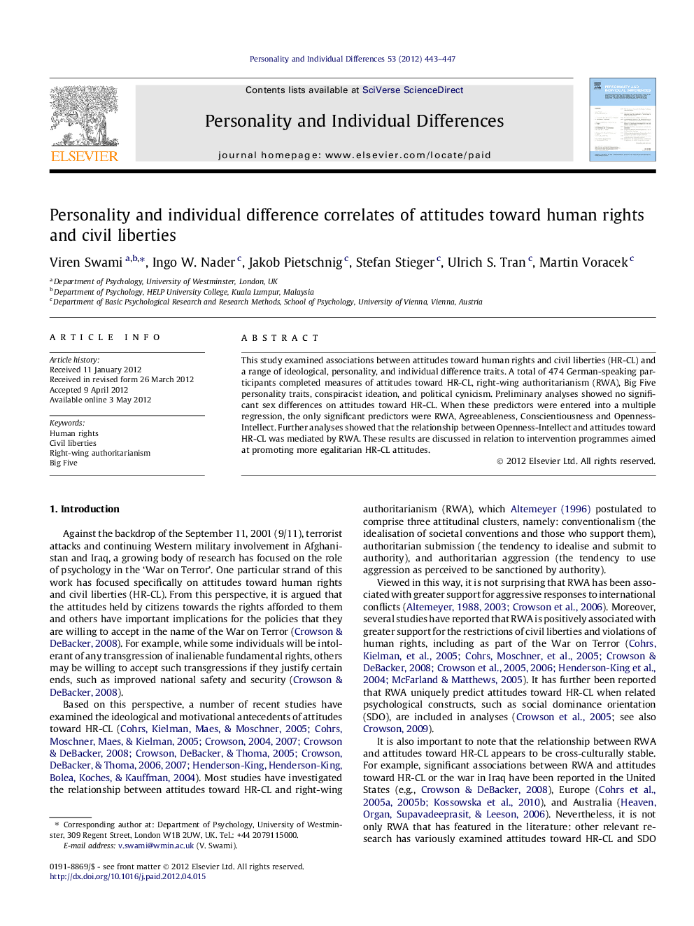 Personality and individual difference correlates of attitudes toward human rights and civil liberties