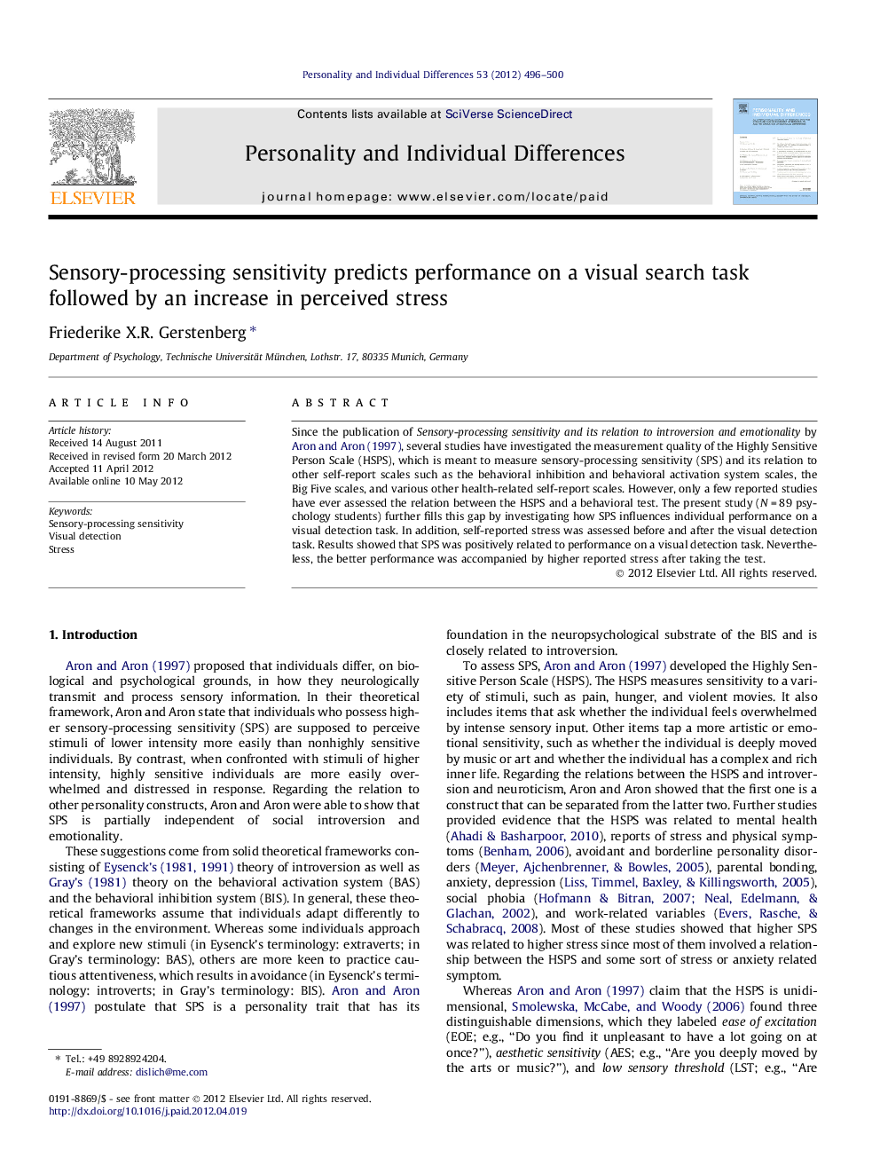 Sensory-processing sensitivity predicts performance on a visual search task followed by an increase in perceived stress