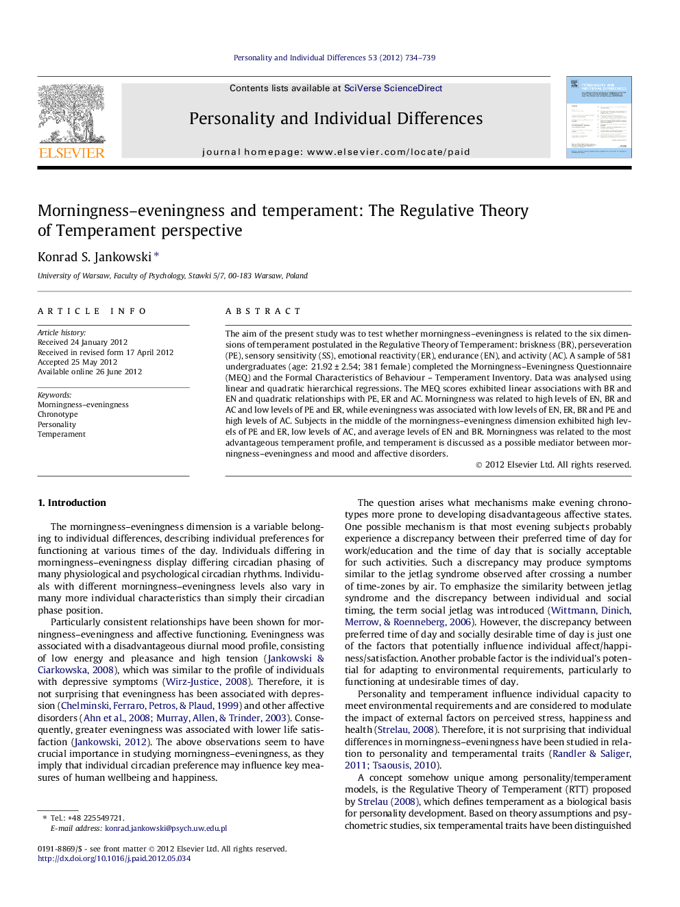 Morningness-eveningness and temperament: The Regulative Theory of Temperament perspective