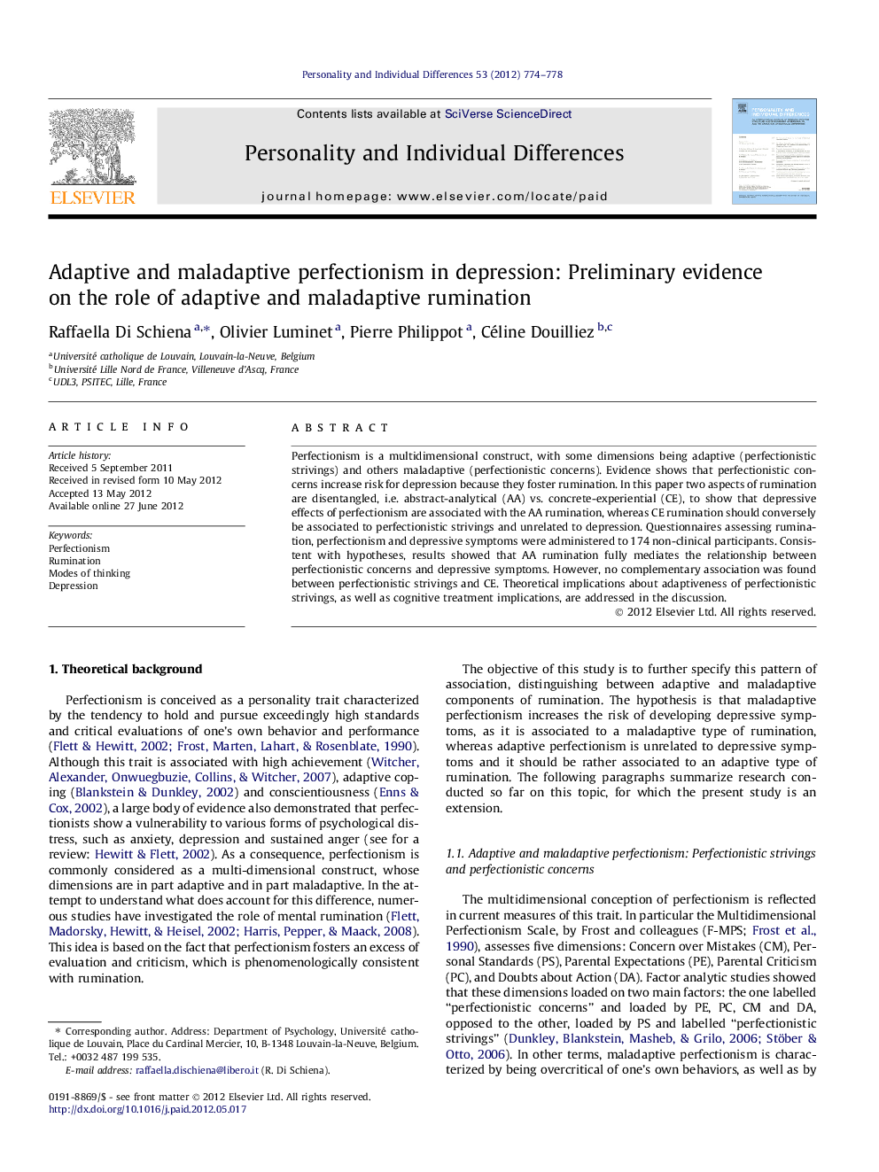 Adaptive and maladaptive perfectionism in depression: Preliminary evidence on the role of adaptive and maladaptive rumination