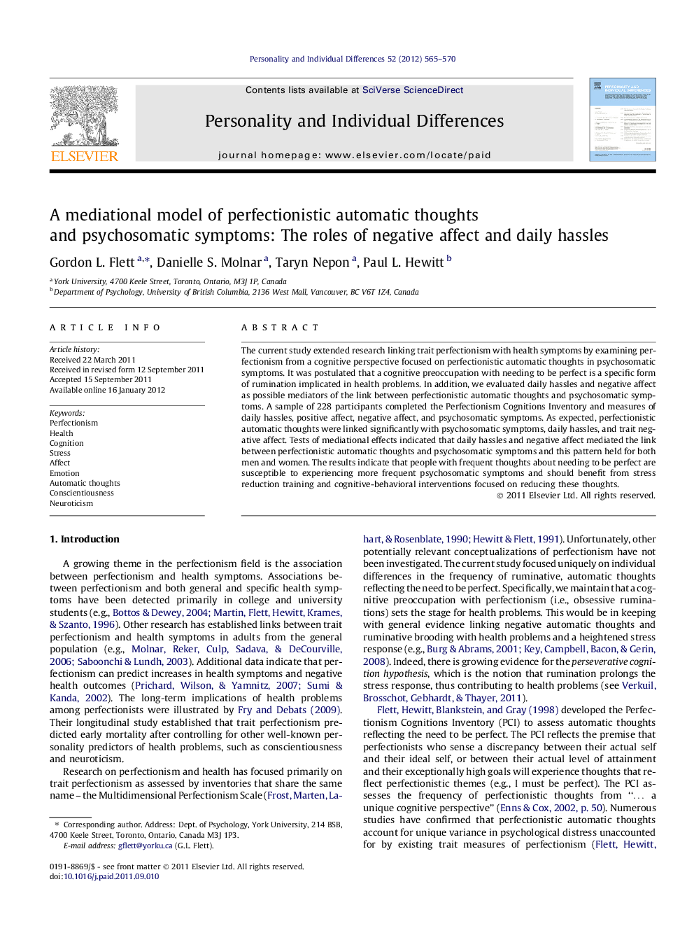 A mediational model of perfectionistic automatic thoughts and psychosomatic symptoms: The roles of negative affect and daily hassles