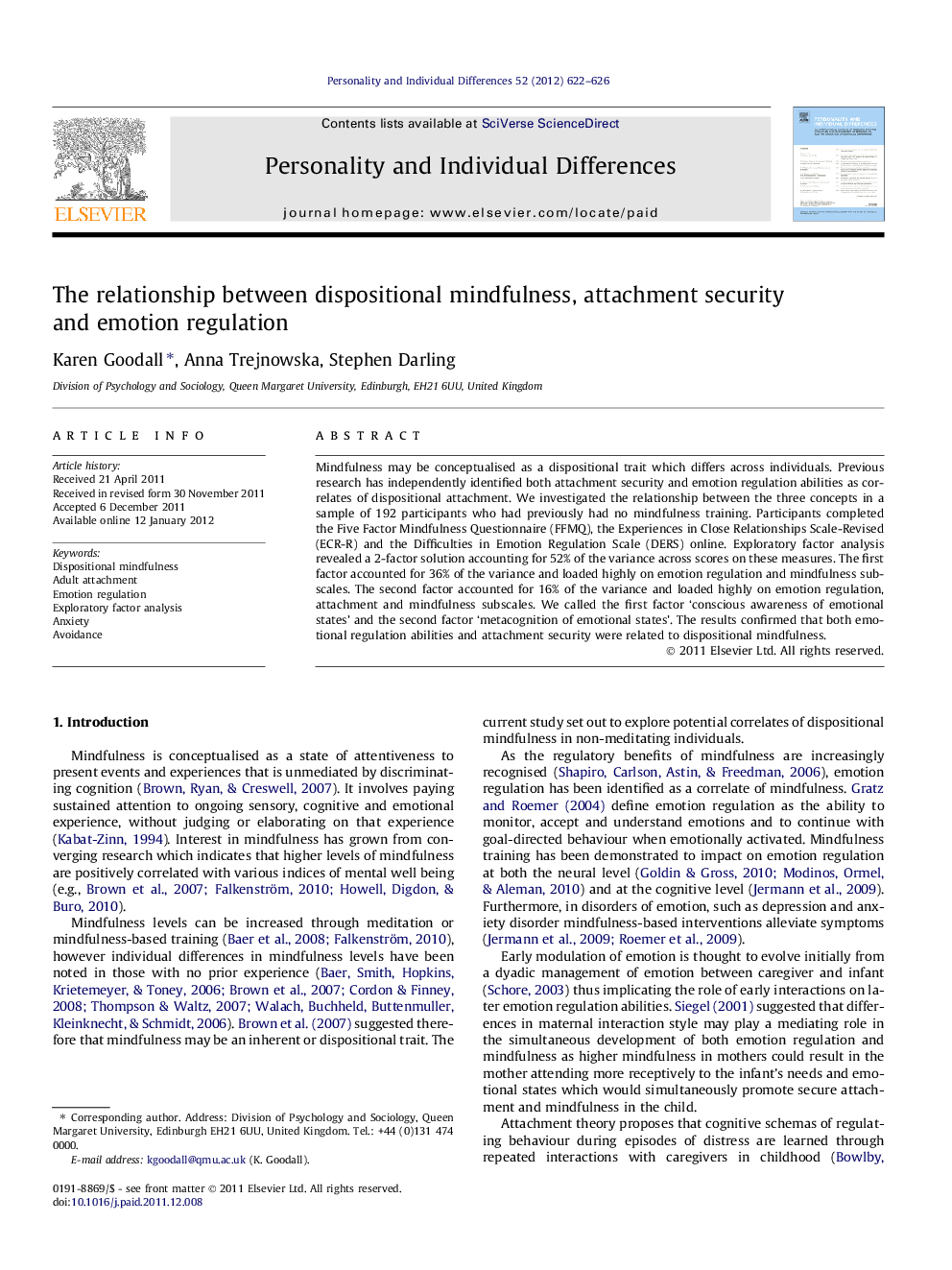 The relationship between dispositional mindfulness, attachment security and emotion regulation