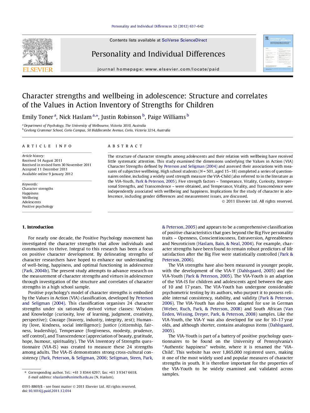 Character strengths and wellbeing in adolescence: Structure and correlates of the Values in Action Inventory of Strengths for Children