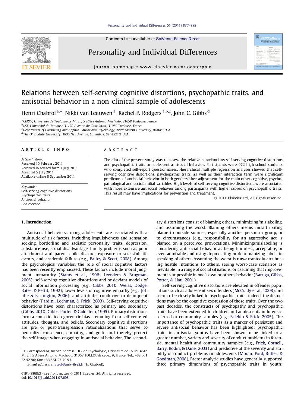 Relations between self-serving cognitive distortions, psychopathic traits, and antisocial behavior in a non-clinical sample of adolescents