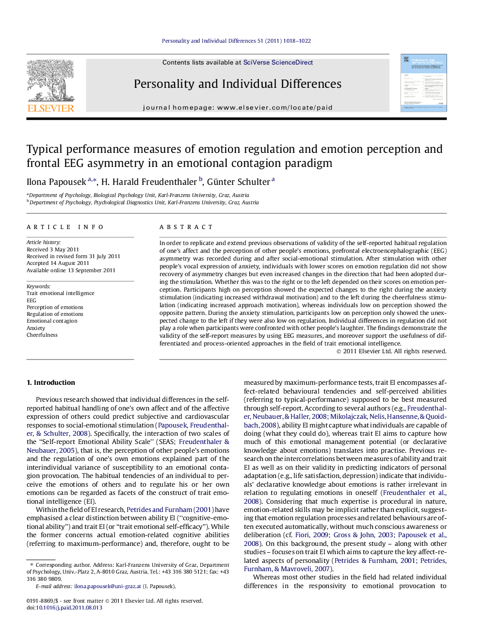 Typical performance measures of emotion regulation and emotion perception and frontal EEG asymmetry in an emotional contagion paradigm