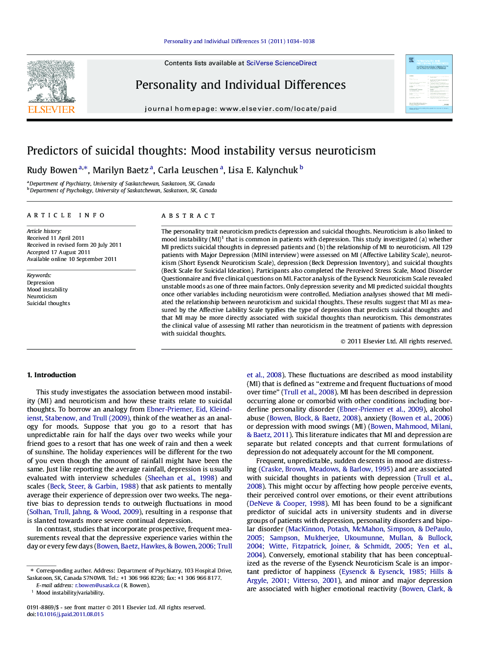 Predictors of suicidal thoughts: Mood instability versus neuroticism