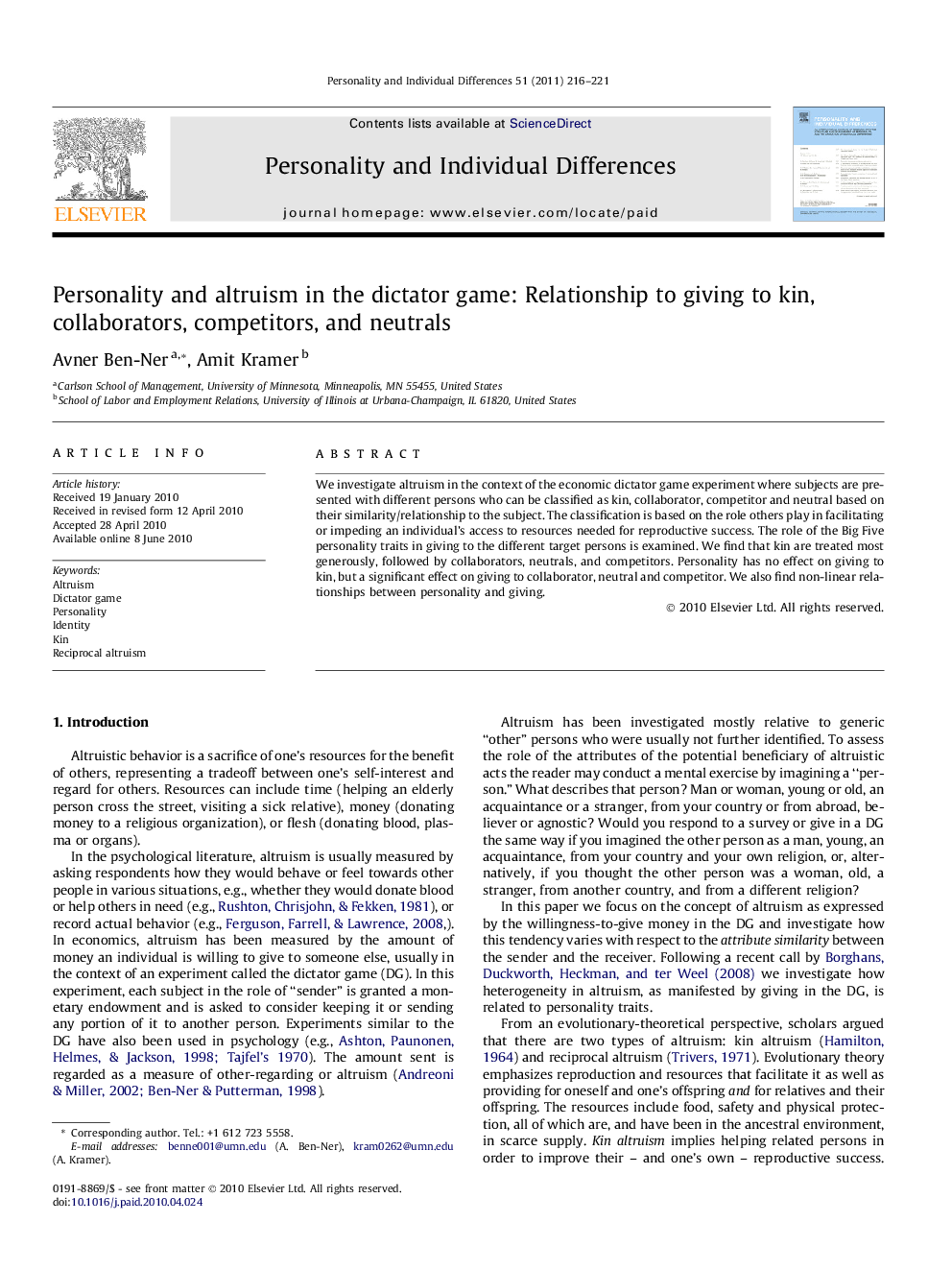 Personality and altruism in the dictator game: Relationship to giving to kin, collaborators, competitors, and neutrals