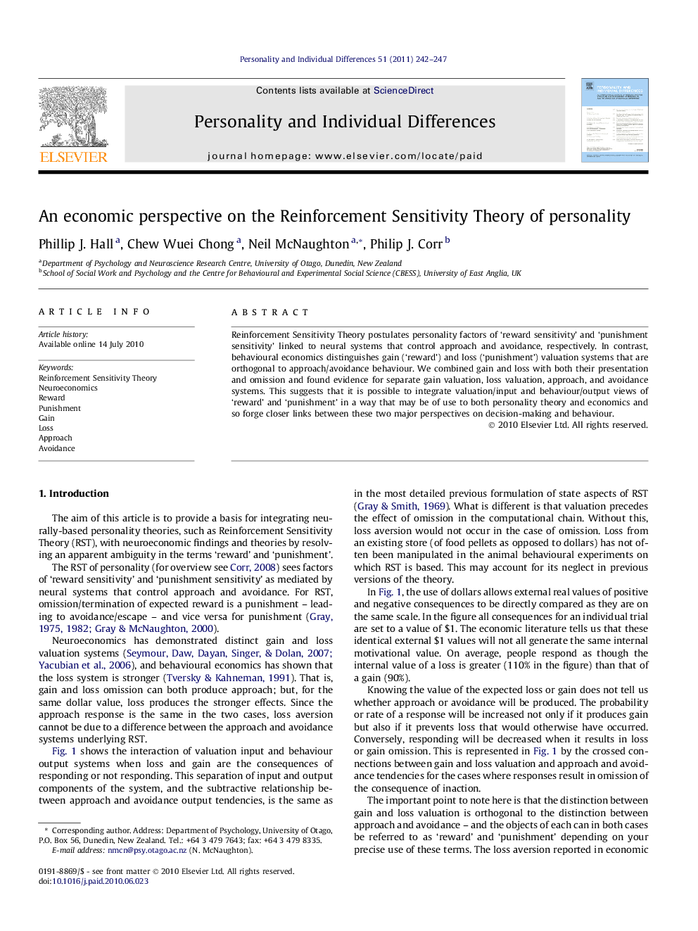 An economic perspective on the Reinforcement Sensitivity Theory of personality