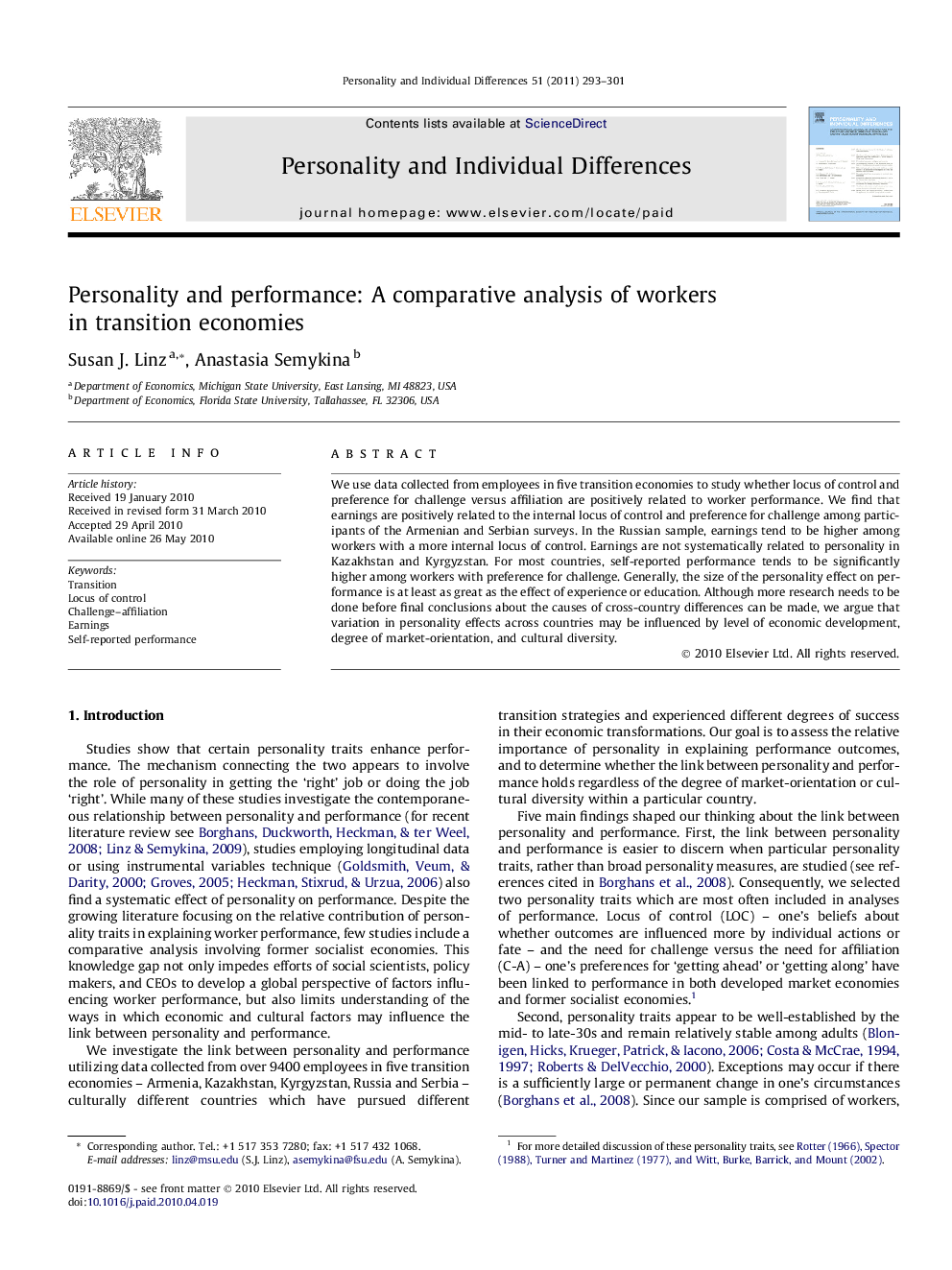 Personality and performance: A comparative analysis of workers in transition economies