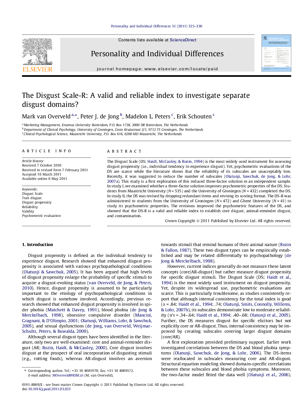 The Disgust Scale-R: A valid and reliable index to investigate separate disgust domains?