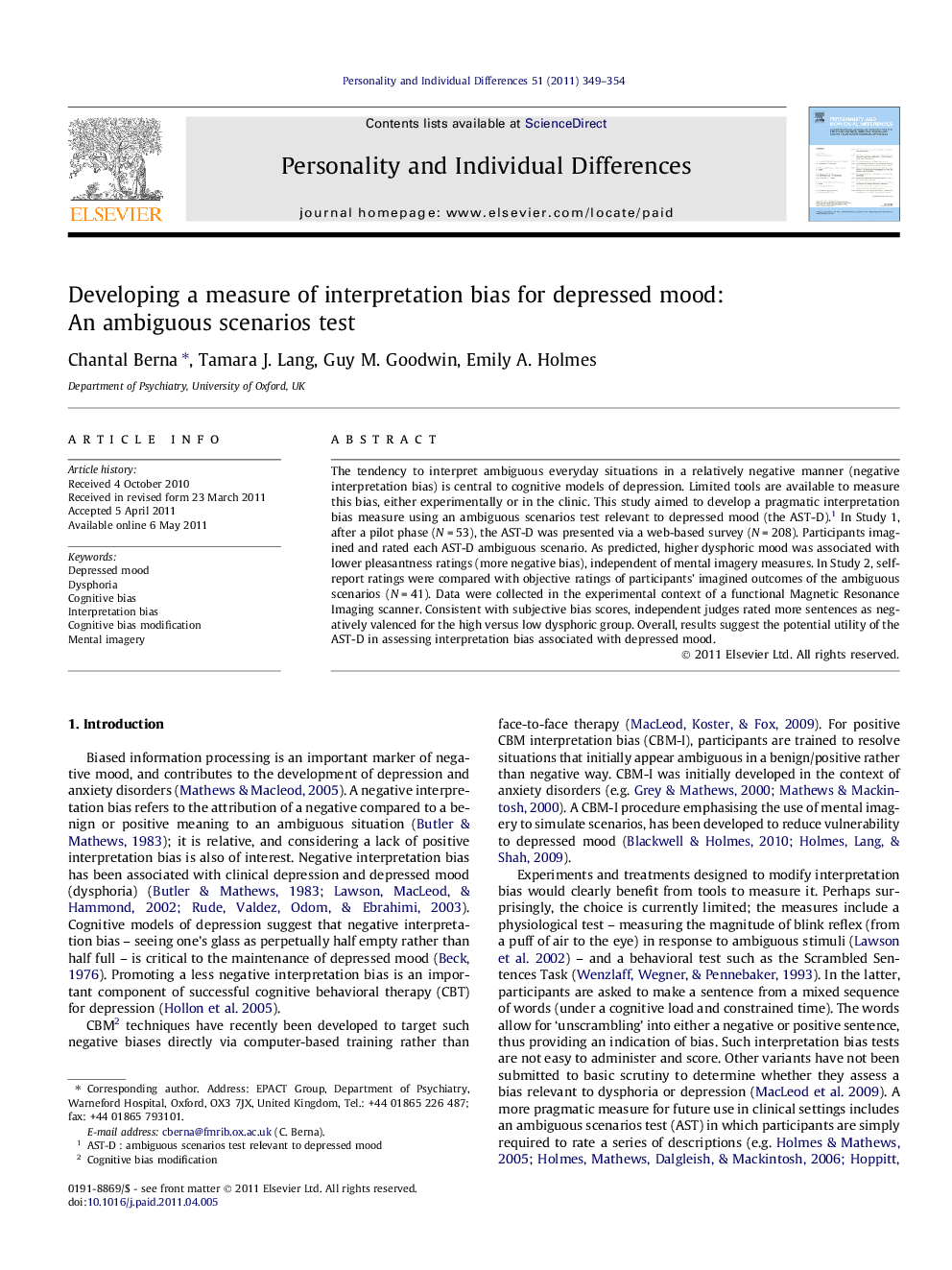 عکس صفحه اول مقاله: Developing a measure of interpretation bias for depressed mood: An ambiguous scenarios test Developing a measure of interpretation bias for depressed mood: An ambiguous scenarios test
