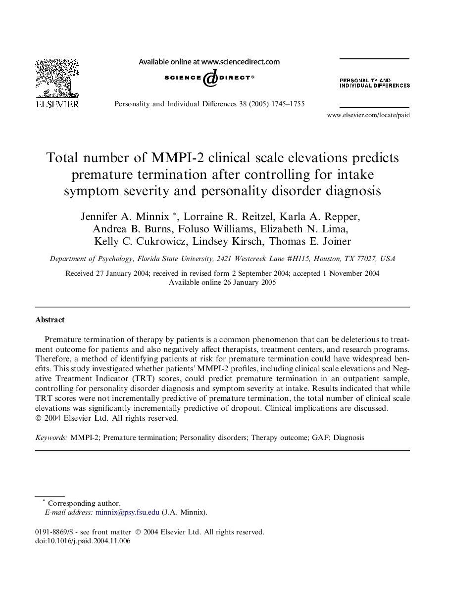 Total number of MMPI-2 clinical scale elevations predicts premature termination after controlling for intake symptom severity and personality disorder diagnosis