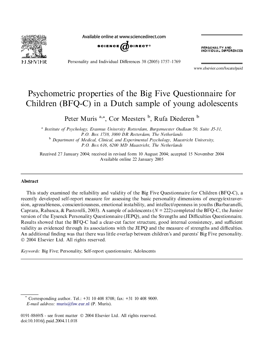 Psychometric properties of the Big Five Questionnaire for Children (BFQ-C) in a Dutch sample of young adolescents