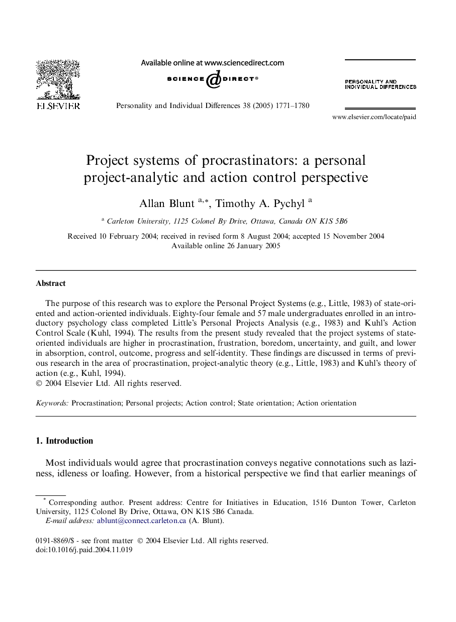 Project systems of procrastinators: a personal project-analytic and action control perspective