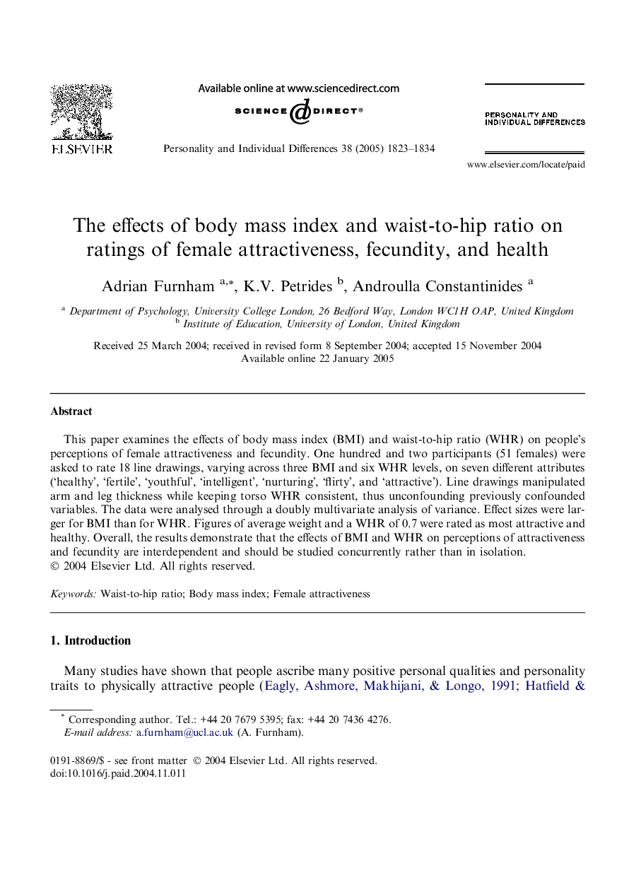 The effects of body mass index and waist-to-hip ratio on ratings of female attractiveness, fecundity, and health