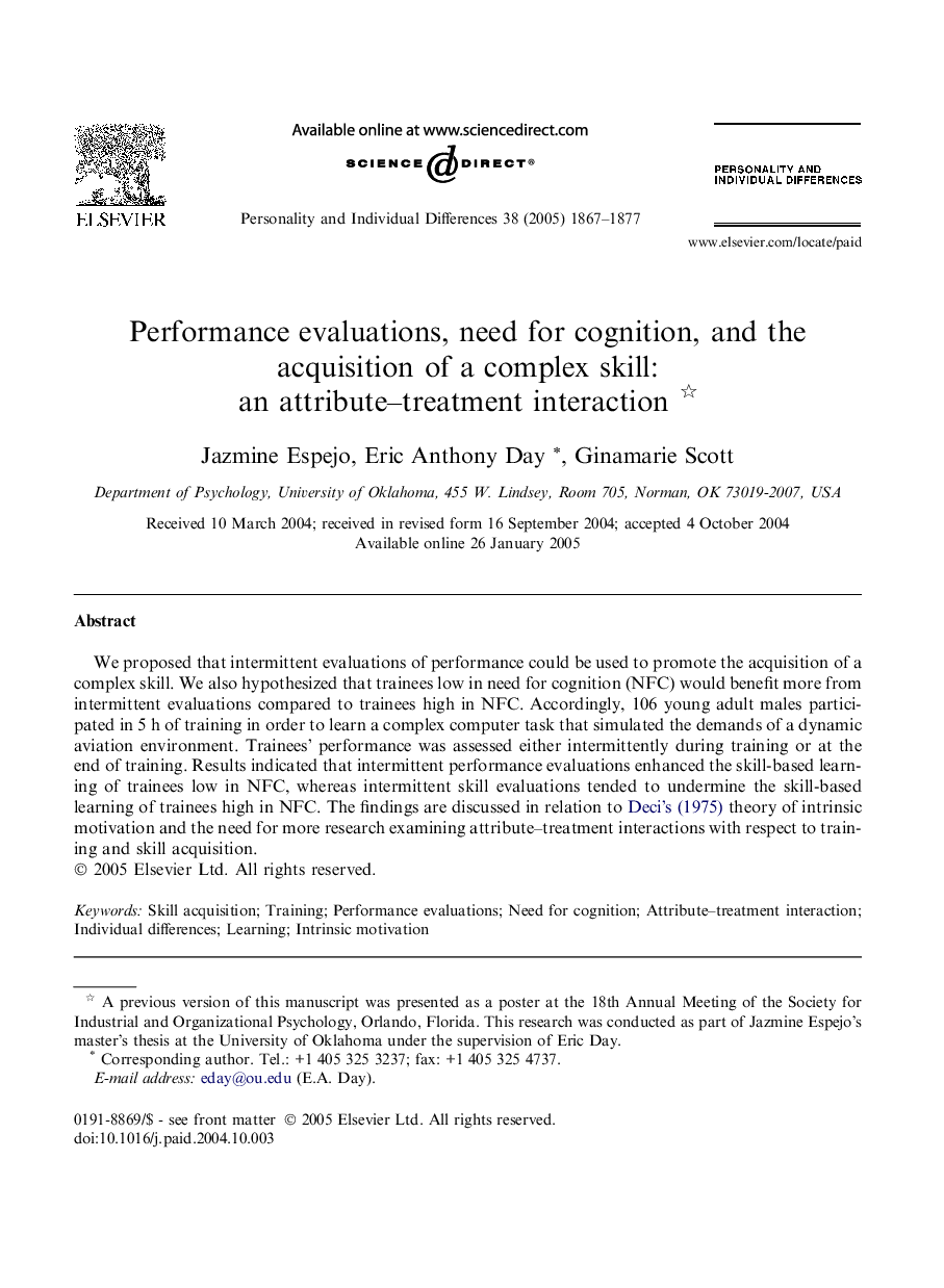 Performance evaluations, need for cognition, and the acquisition of a complex skill: an attribute-treatment interaction