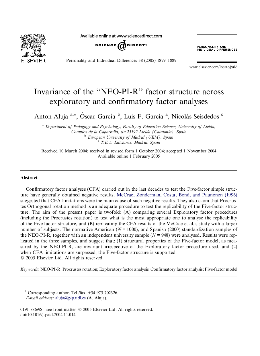 Invariance of the “NEO-PI-R” factor structure across exploratory and confirmatory factor analyses