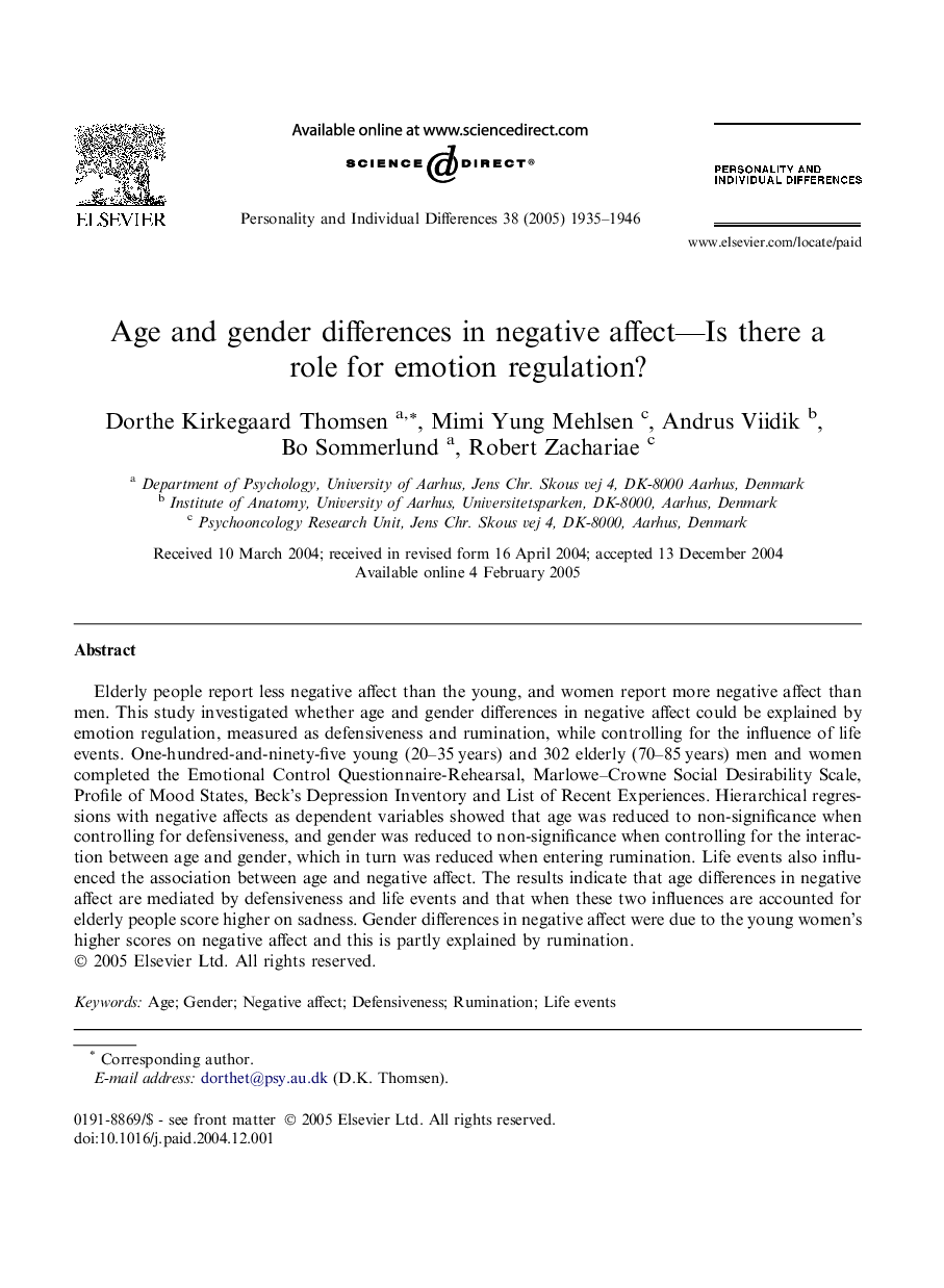 Age and gender differences in negative affect-Is there a role for emotion regulation?