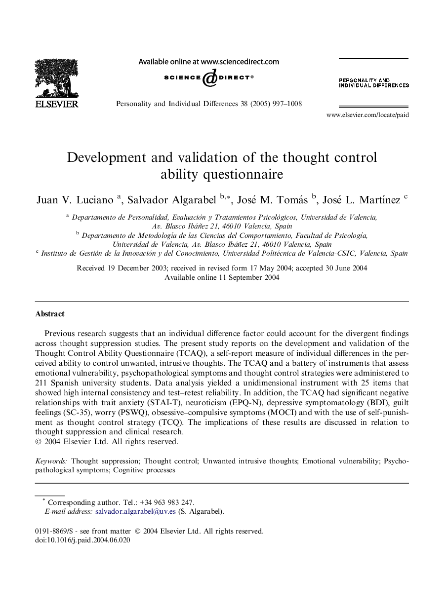 Development and validation of the thought control ability questionnaire