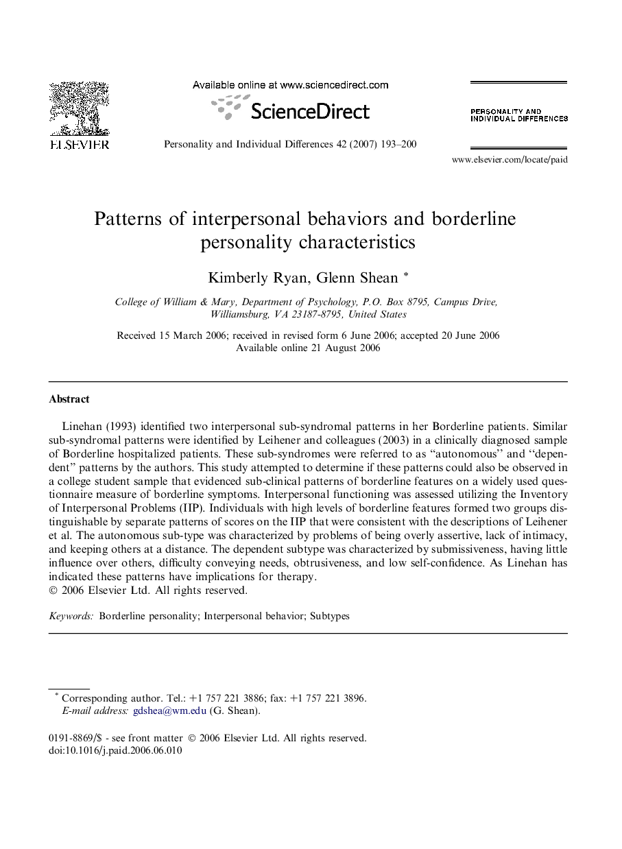 Patterns of interpersonal behaviors and borderline personality characteristics