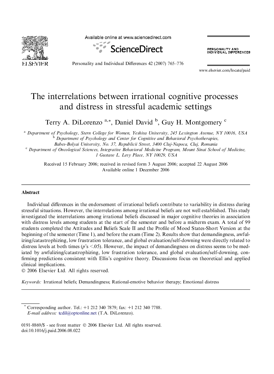 The interrelations between irrational cognitive processes and distress in stressful academic settings