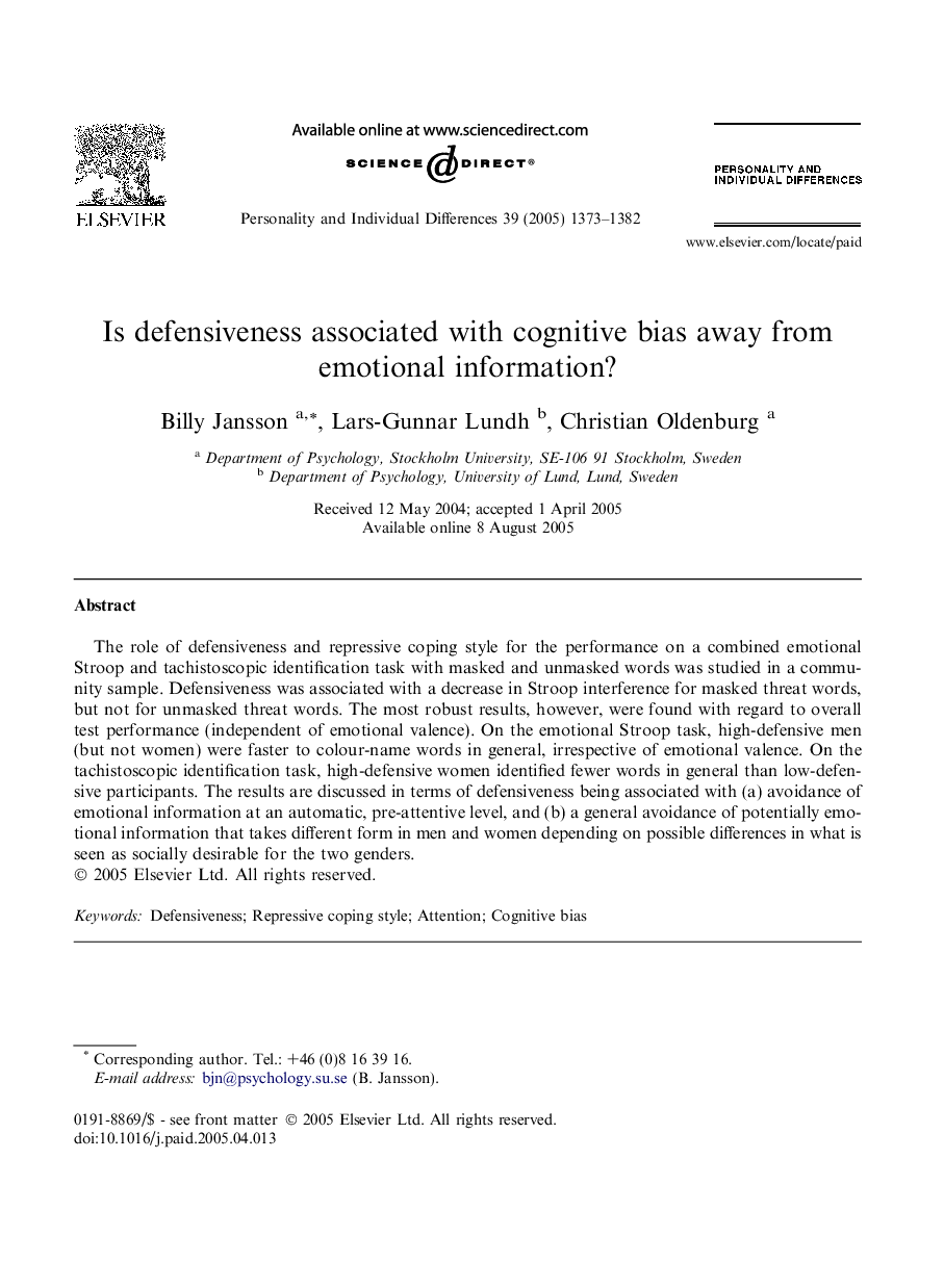 Is defensiveness associated with cognitive bias away from emotional information?