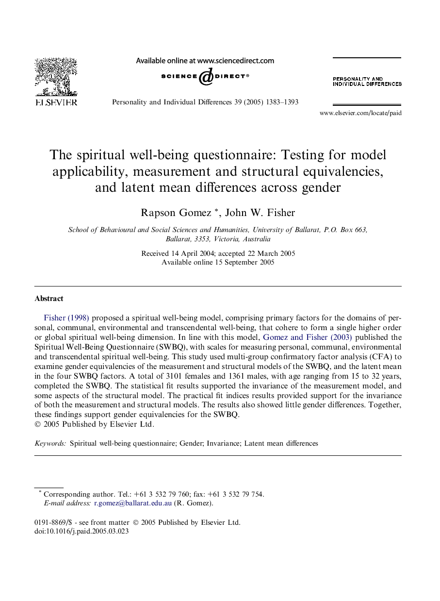 The spiritual well-being questionnaire: Testing for model applicability, measurement and structural equivalencies, and latent mean differences across gender