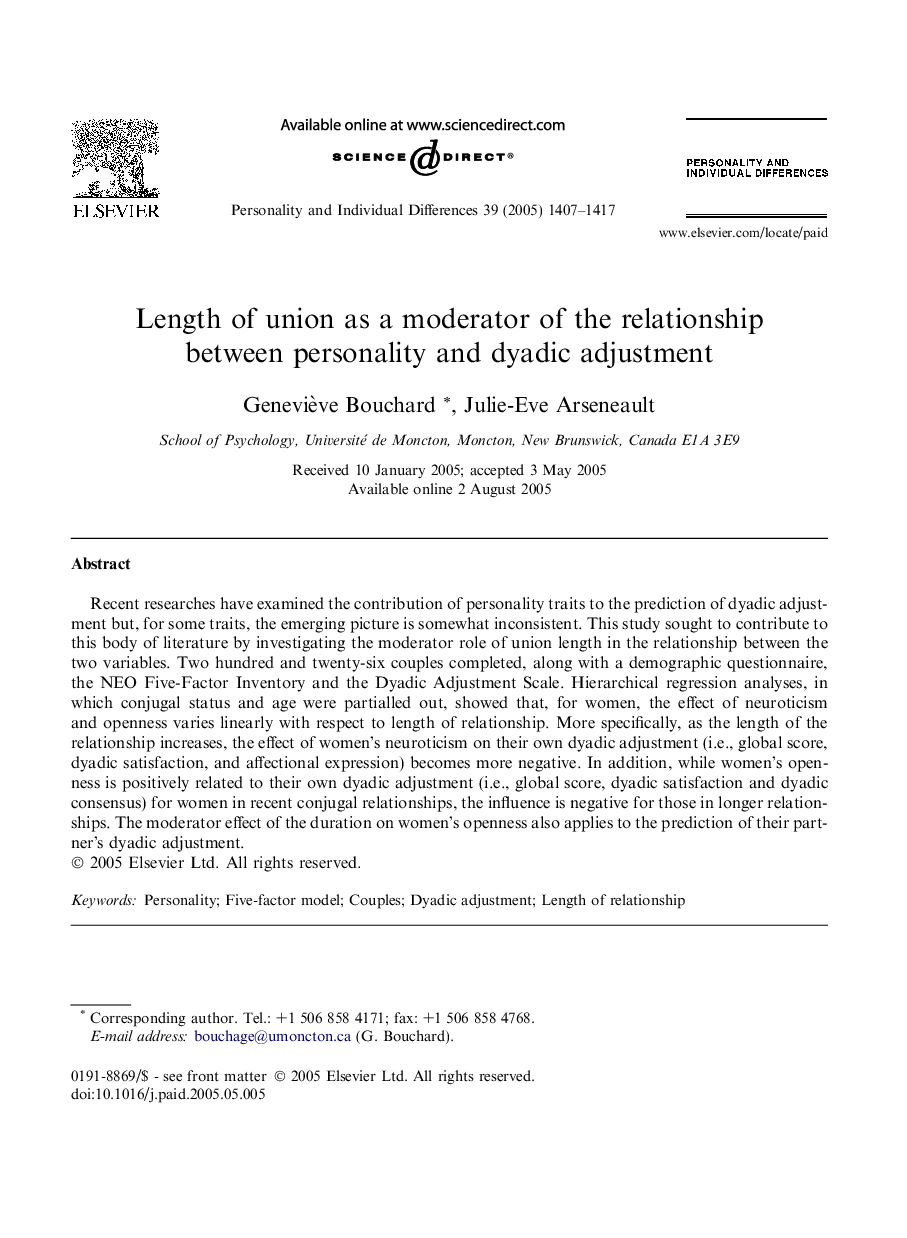 Length of union as a moderator of the relationship between personality and dyadic adjustment