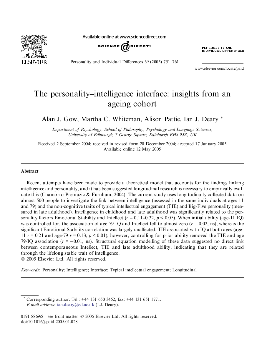 The personality-intelligence interface: insights from an ageing cohort