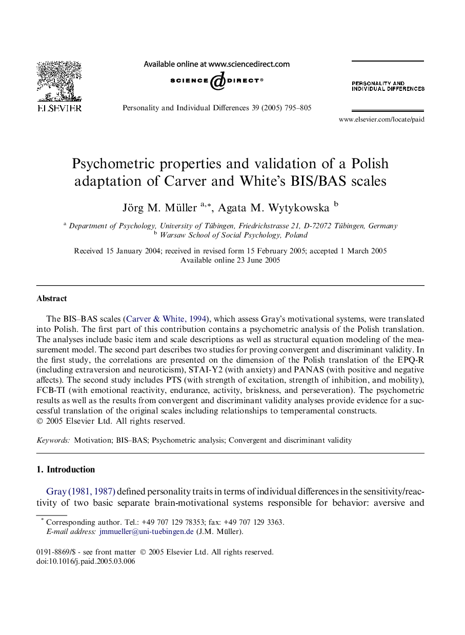 Psychometric properties and validation of a Polish adaptation of Carver and White's BIS/BAS scales