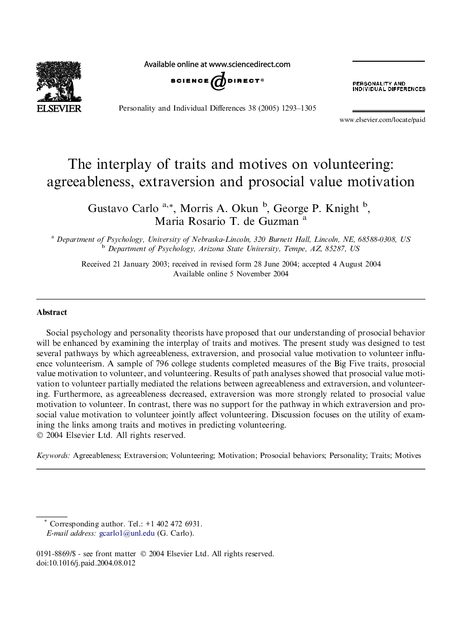 The interplay of traits and motives on volunteering: agreeableness, extraversion and prosocial value motivation