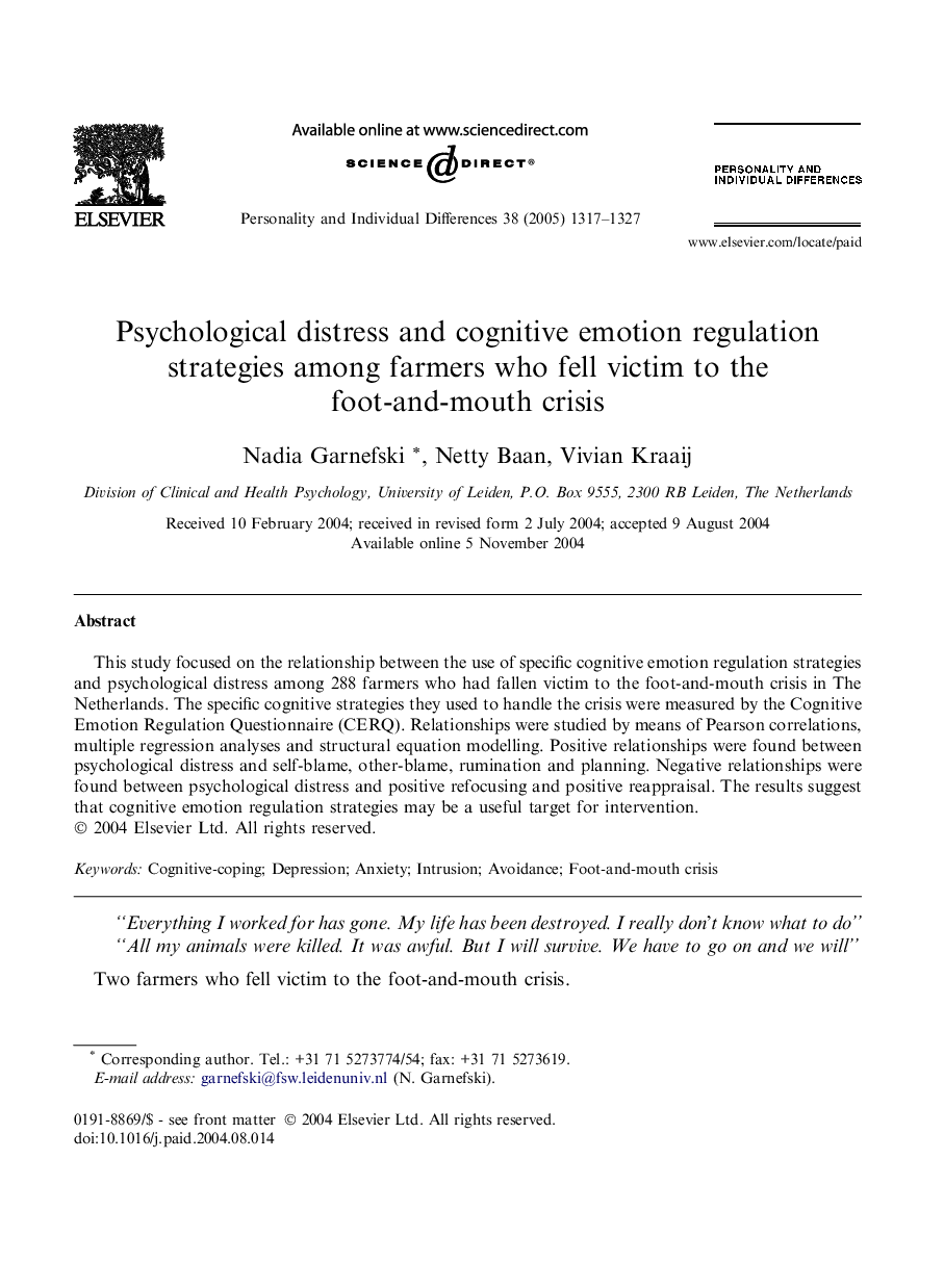 Psychological distress and cognitive emotion regulation strategies among farmers who fell victim to the foot-and-mouth crisis