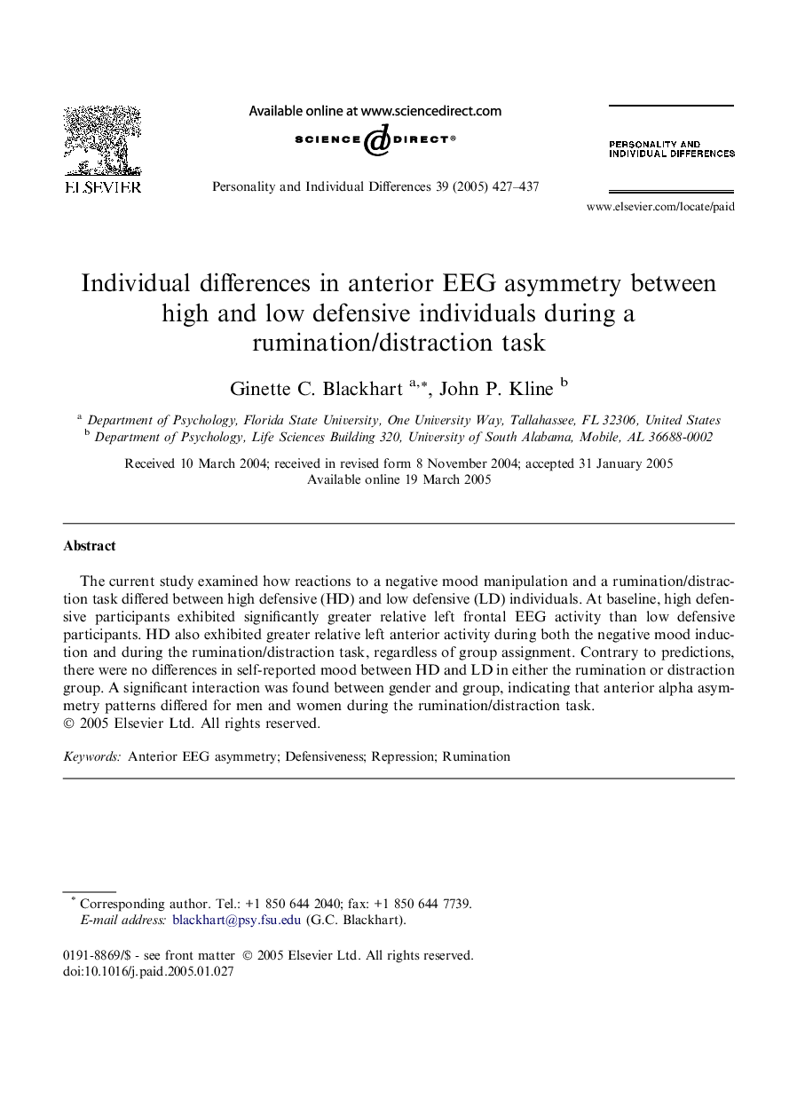 Individual differences in anterior EEG asymmetry between high and low defensive individuals during a rumination/distraction task