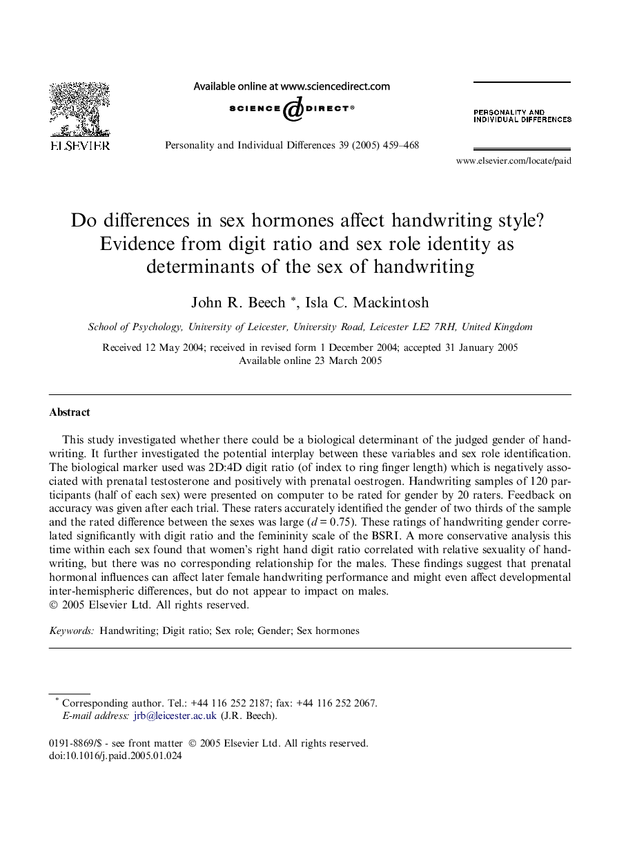 Do differences in sex hormones affect handwriting style? Evidence from digit ratio and sex role identity as determinants of the sex of handwriting