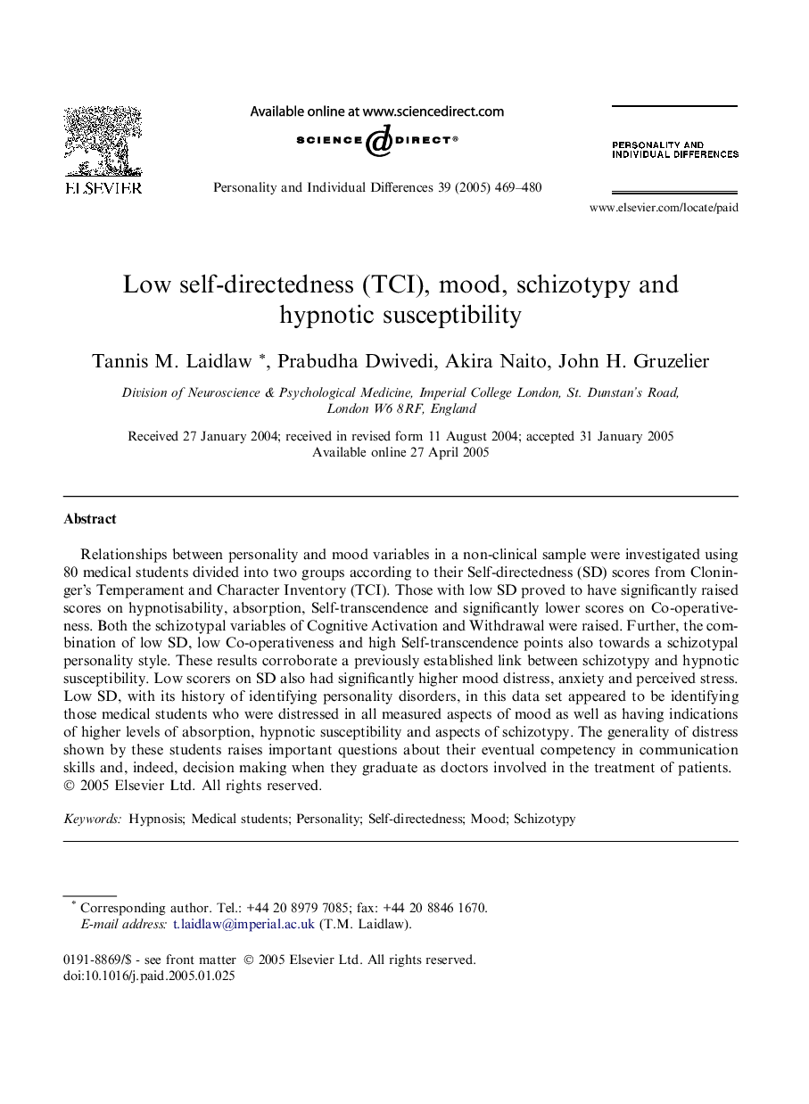 Low self-directedness (TCI), mood, schizotypy and hypnotic susceptibility