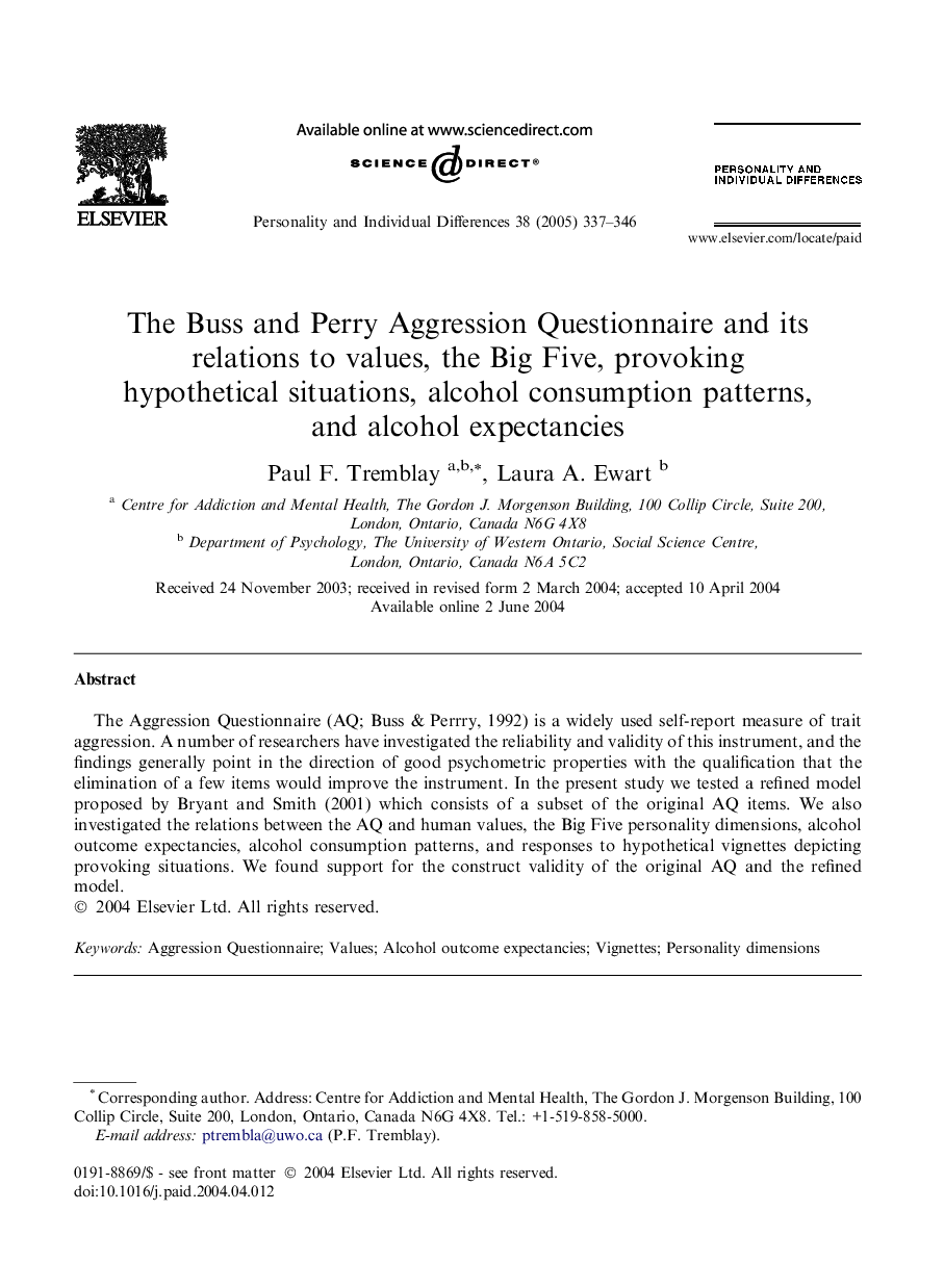 The Buss and Perry Aggression Questionnaire and its relations to values, the Big Five, provoking hypothetical situations, alcohol consumption patterns, and alcohol expectancies