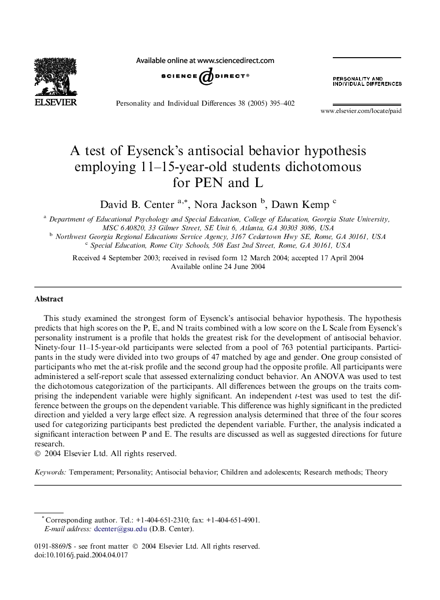 A test of Eysenck's antisocial behavior hypothesis employing 11-15-year-old students dichotomous for PEN and L