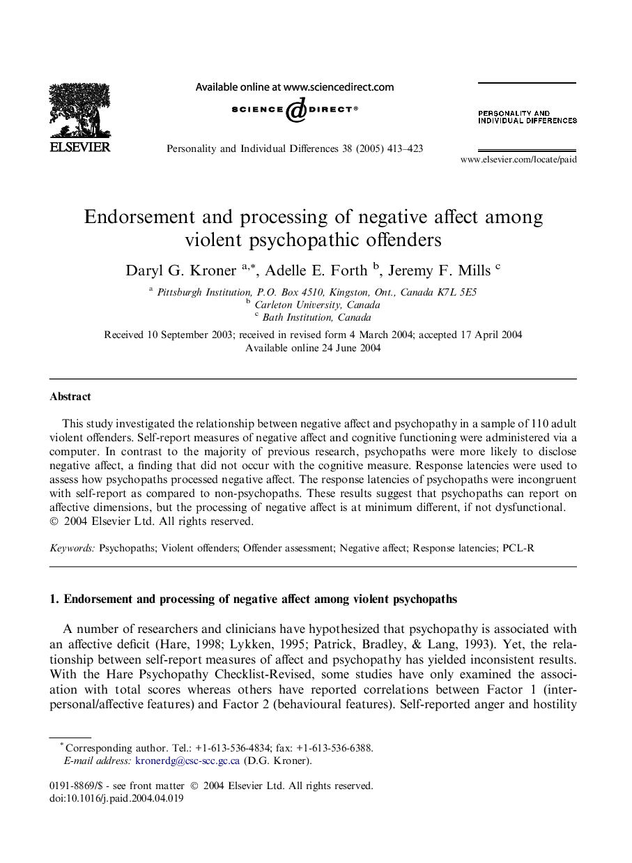 Endorsement and processing of negative affect among violent psychopathic offenders