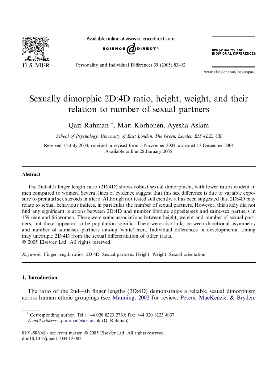 Sexually dimorphic 2D:4D ratio, height, weight, and their relation to number of sexual partners