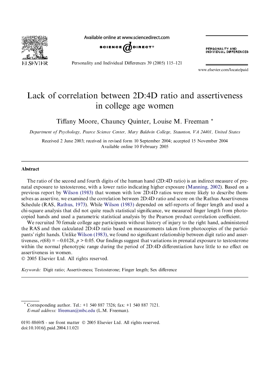 Lack of correlation between 2D:4D ratio and assertiveness in college age women