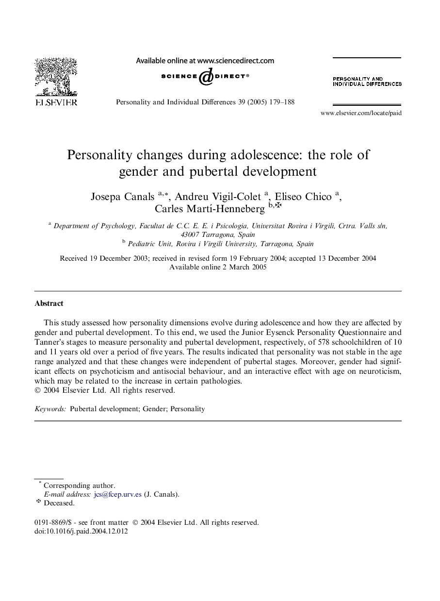 Personality changes during adolescence: the role of gender and pubertal development