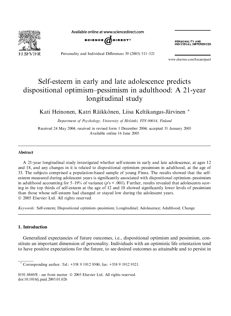 Self-esteem in early and late adolescence predicts dispositional optimism-pessimism in adulthood: A 21-year longitudinal study