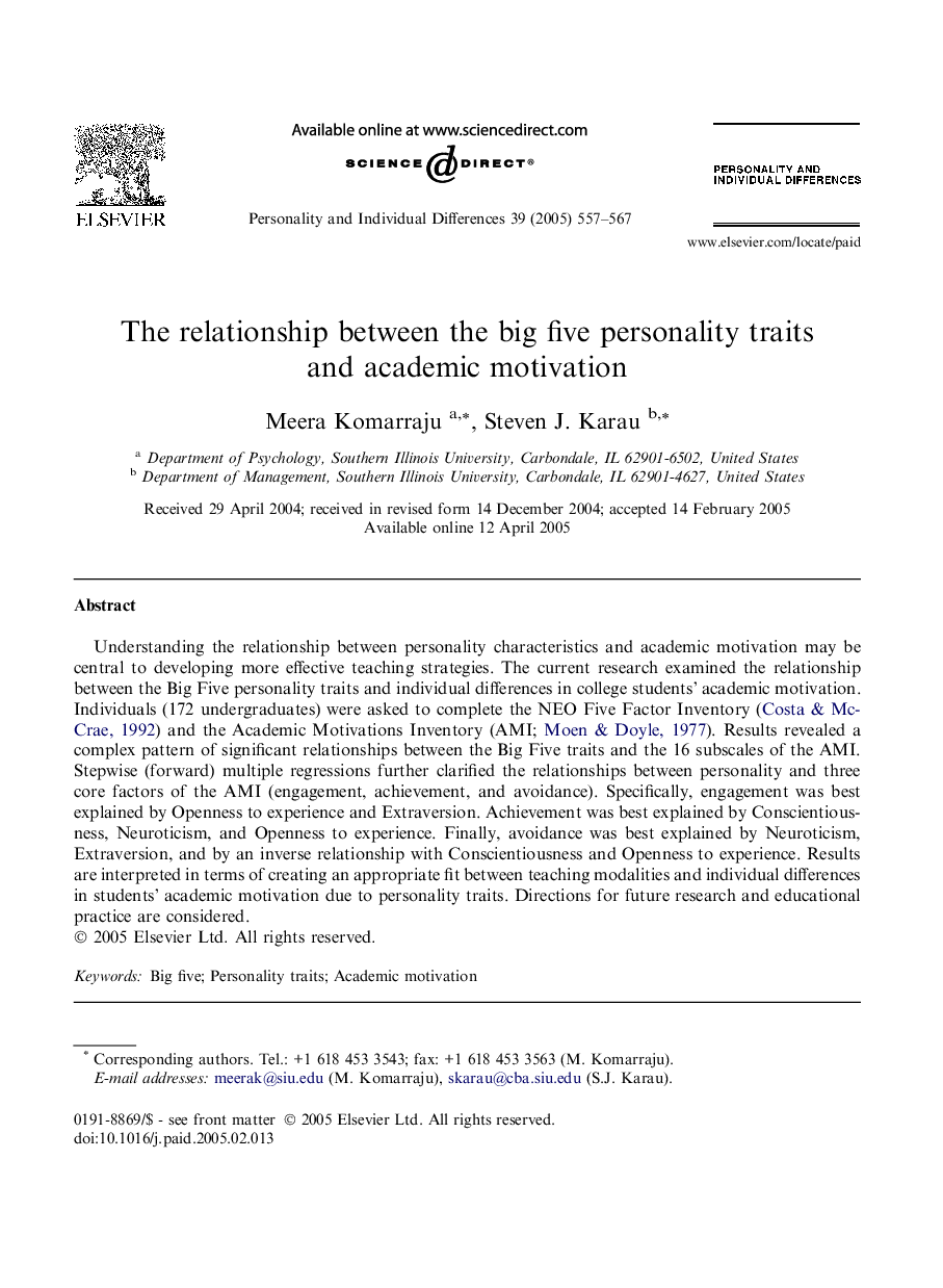 The relationship between the big five personality traits and academic motivation