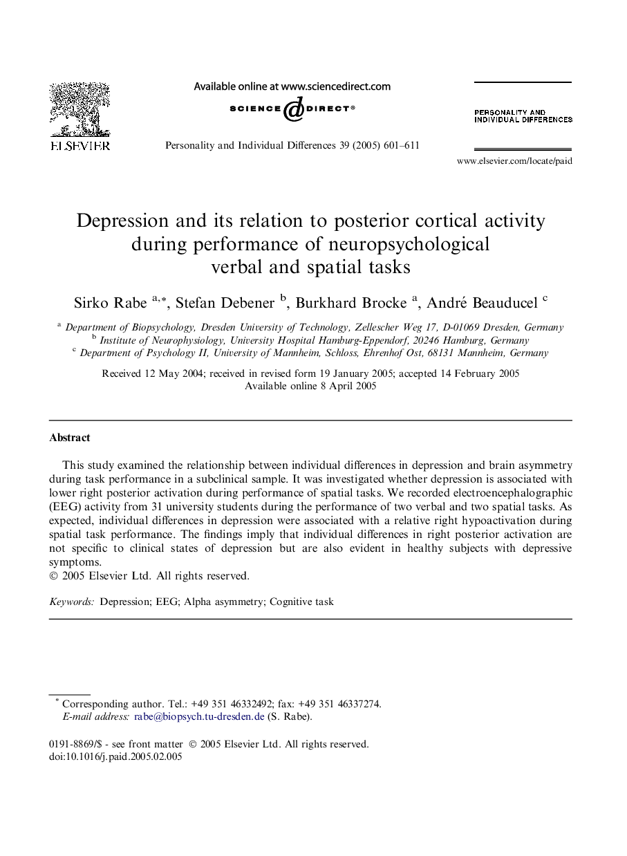 Depression and its relation to posterior cortical activity during performance of neuropsychological verbal and spatial tasks