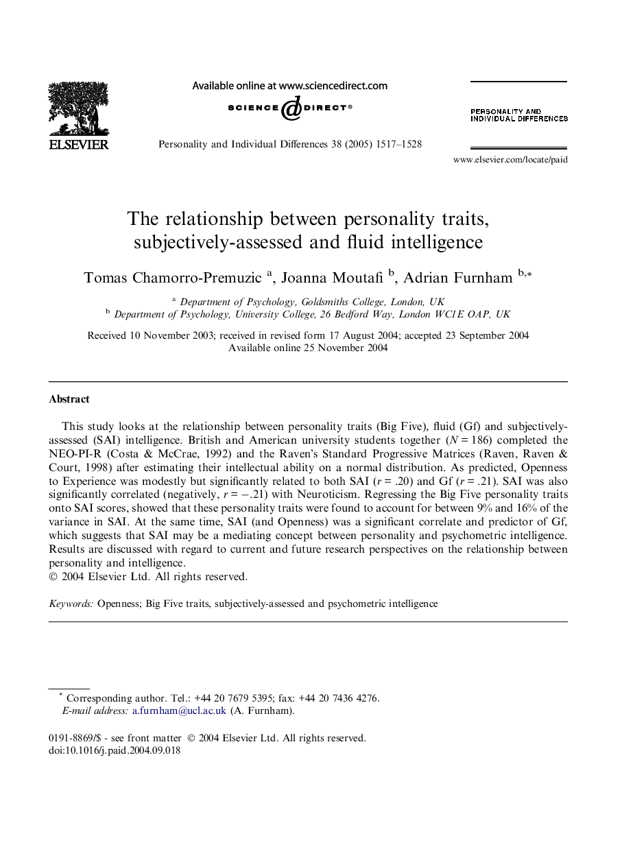 The relationship between personality traits, subjectively-assessed and fluid intelligence